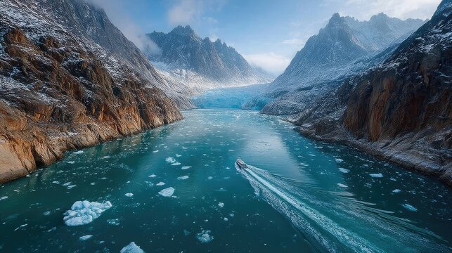 Boat cruising through glacial lake between snowy mountains.
