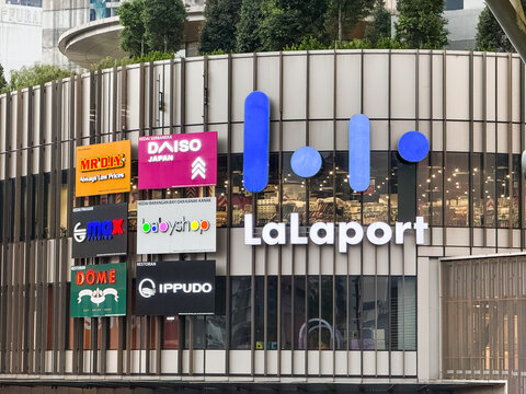 Kuala Lumpur, Malaysia - April 13, 2026: LaLaport Mall Facade with Brand Store Signs MR.DIY DAISO Ippudo Outlet
