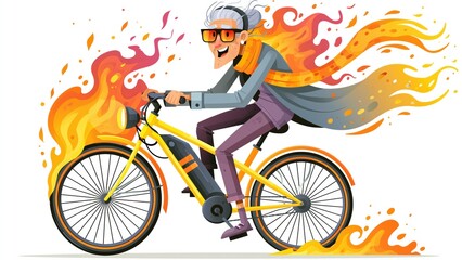 Fototapeta premium Senior woman riding yellow electric bike with fire trails.