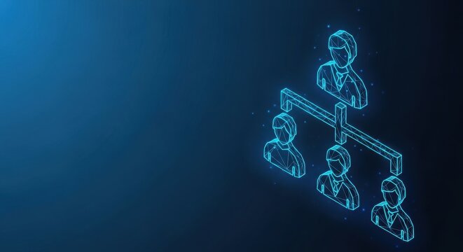 Stylized isometric organizational chart depicting interconnected team members in a blue digital network, representing business hierarchy and collaboration.