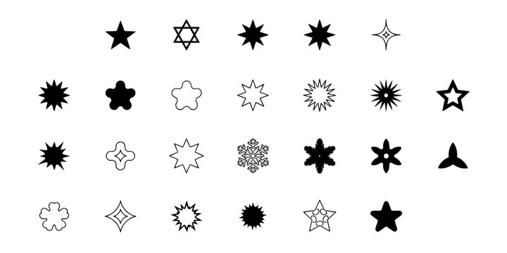 Collection of 24 Distinct Star and Snowflake Shapes in a 4x6 Grid, Black and White Vector Icons Featuring Shape, Icon, Symbol