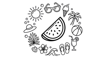 Naklejka premium Watermelon slice with summer fruit and beach icons