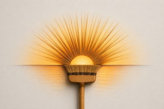 Close up of golden metal hair brush with bristles on neutral background minimal style