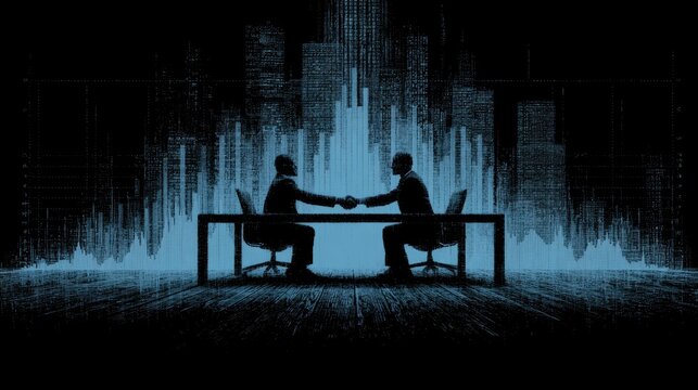 Business partners shaking hands in digital cityscape.