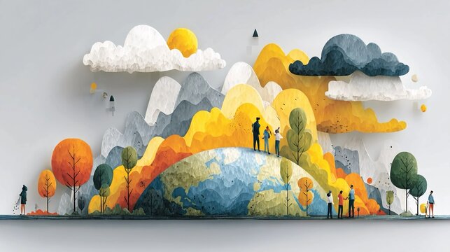 Creative concept of people analyzing Earth and climate data charts, representing environmental research, sustainability planning, and climate awareness initiatives.