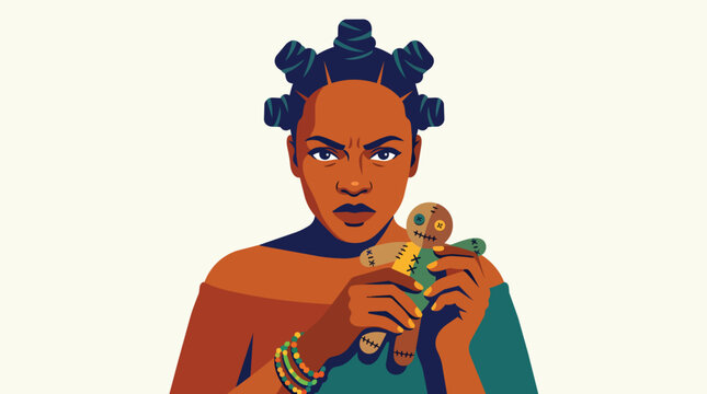 Voodoo doll held by angry woman with bantu knots hairstyle minimalist vector illustration for cultural storytelling