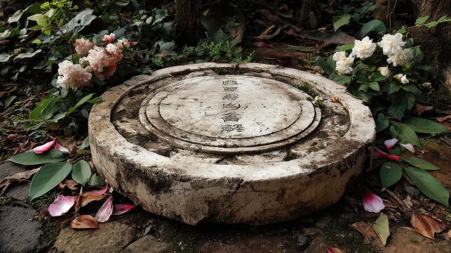 Carved stone mill pedestal in flower garden.