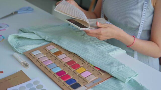 Asian woman tailor holding cloth compare with fabric color chart