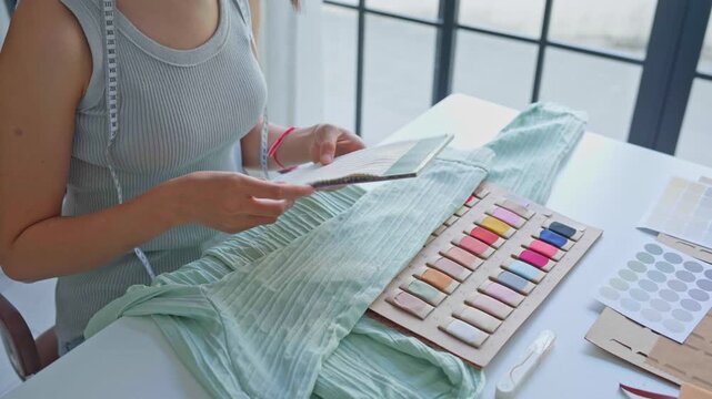 Asian woman tailor holding cloth compare with fabric color chart
