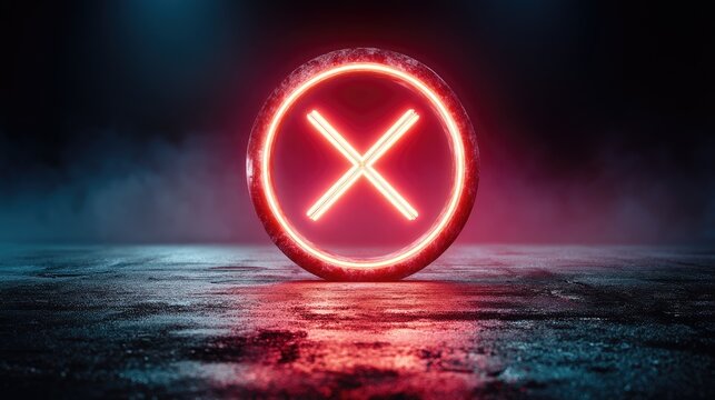 Circular red neon X symbol in misty dark environment.