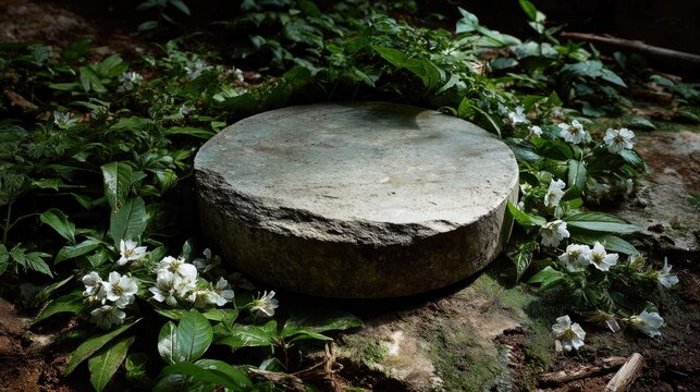 Circular stone podium in a lush floral garden.