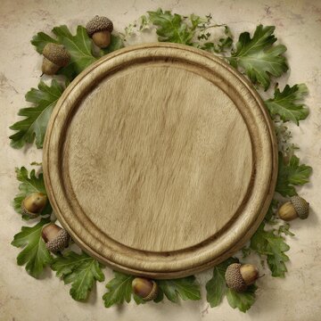 Circular wooden board with oak leaves and acorns.