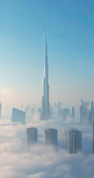 City towers hidden in dense white clouds.
