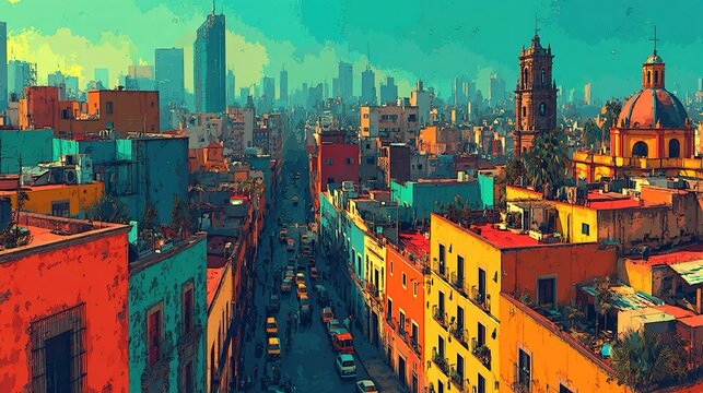 Creative Mexico cityscape and main commodity highlighted in artistic wallpaper, vibrant colors, urban architecture, and cultural representation in visually compelling generative AI style.