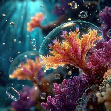 Close up coral formation captured inside water bubble.