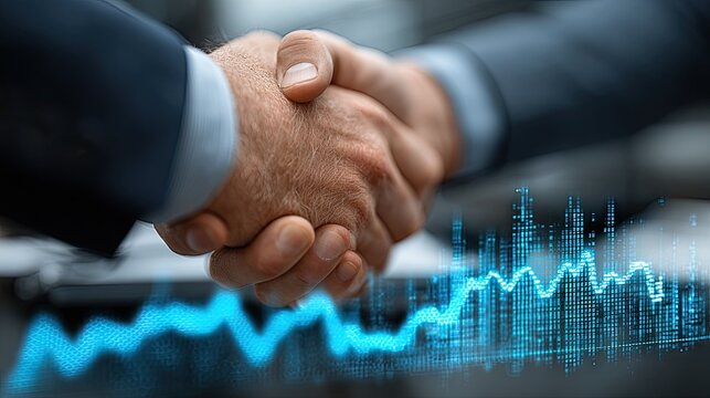 Close-up handshake over glowing blue stock market graph.