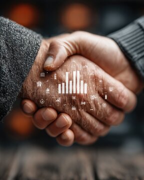 Close up handshake with white financial bar chart icons.