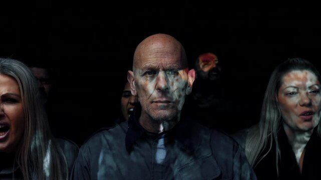People brainwashed with intense expression. Group portrait evokes Orwellian dystopia, Two Minutes Hate, propaganda, mass indoctrination, authoritarian control, and social conformity