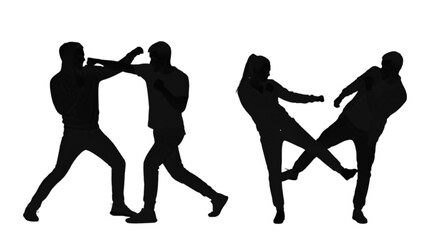 Fototapeta premium Two silhouettes fighting or pushing each other in black and white