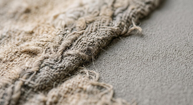 Plano de detalle macro de una alfombra vieja o tejido de arpillera deshilachado con fibras naturales desgastadas sobre un suelo de cemento gris pulido; contraste de texturas r&uacute;sticas e industriales.