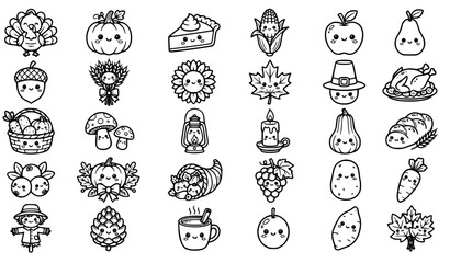 Thanksgiving Kawaii Character and Harvest Object Collection Black and White Outline Vector © MD. Moniruzzaman