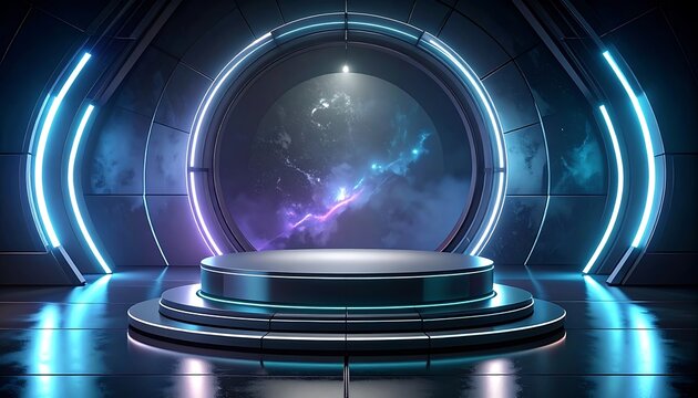  Futuristic stage with glowing neon lights and a galaxy view, perfect for product launches or virtual events