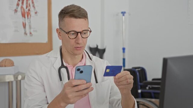 Man doctor in white coat with stethoscope holds smartphone and creditcard while viewing screen in medical building; security concern.