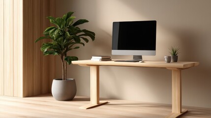 Fototapeta premium Modern Minimalist Home Office Workspace with Wooden Desk, Computer, Green Plants, and Soft Light