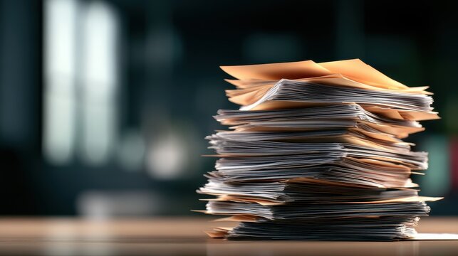 Overwhelming stack of unorganized documents and folders on a wooden surface, highlighting bureaucracy.