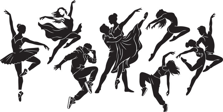 Diverse dancers in dynamic poses against a white background showcasing contemporary and ballet styles