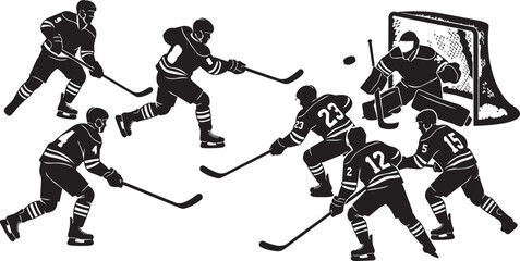 Fototapeta premium Hockey players in action during a game with a goalie defending the net and puck in motion