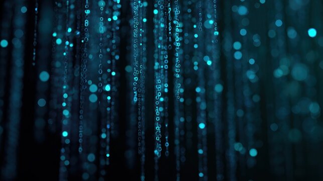 Dynamic digital data flow featuring glowing binary digits and abstract technological bokeh effects