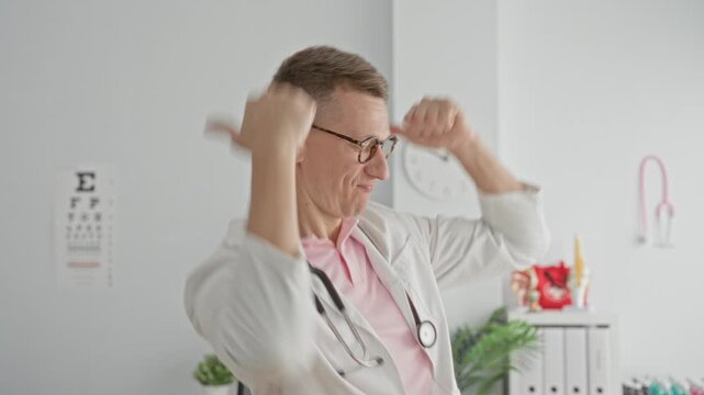 Man doctor with stethoscope raising fists and smiling with cheerful grin in clinic building; joy celebration success.