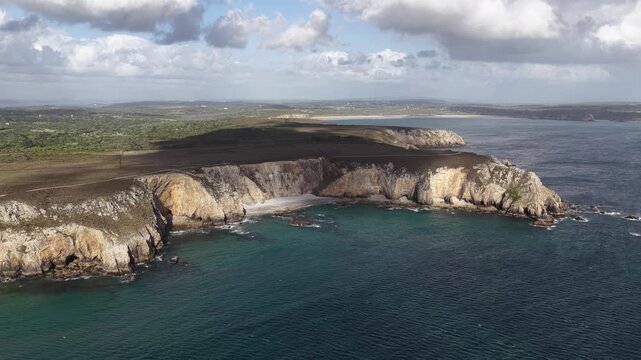 Crozon Peninsula empty sandy beach in Brittany, France Atlantic Ocean aerial drone