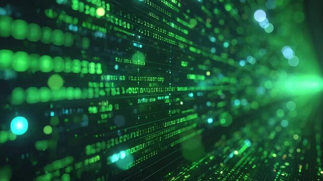 Abstract digital background with glowing green binary code data stream and bokeh lights