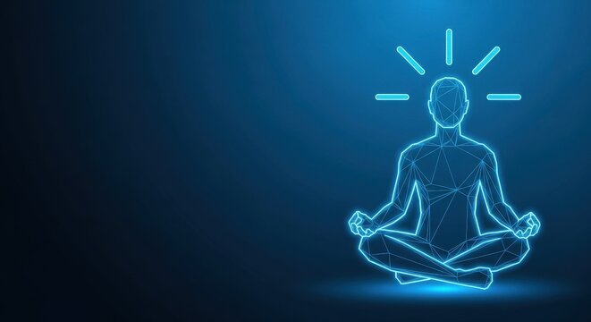 Glowing wireframe human in meditation pose with radiating lines on a dark blue digital background