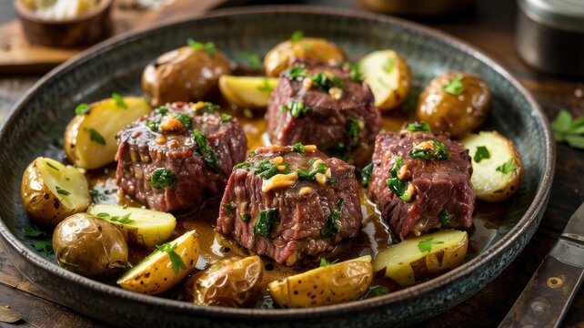 The national dish of Georgian cuisine. 
Ojahuri is fried meat (often pork or beef) with potatoes, garlic and lots of fresh herbs, served in a ketsi clay pan.