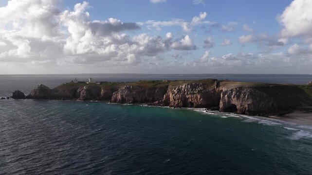 Rugged coastline of the Pointe de Pen-Hir on the Crozon peninsula in Brittany, France aerial drone