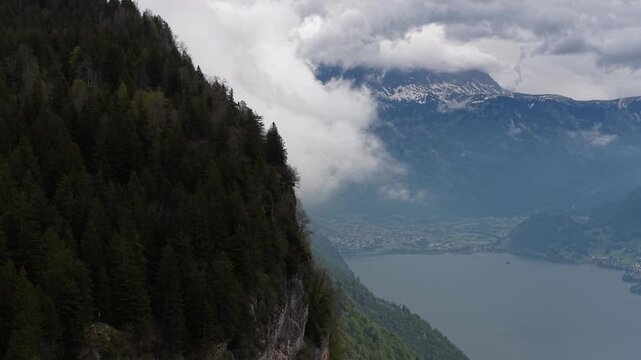 Alpine valley Lake Walen Walensee Churfirsten mountains Swiss Alps aerial drone Switzerland