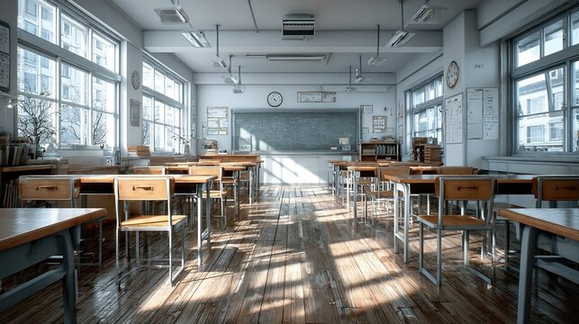 Bright empty classroom with whiteboard, tidy desks, and sunlight, emphasizing clean school environment, structured academic interior, and organized learning concept.