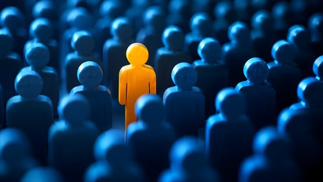 Unique Wooden Figure Stands Out Brightly Among a Crowd of Blue Figures in a Conceptual Representation of Individuality and Diversity