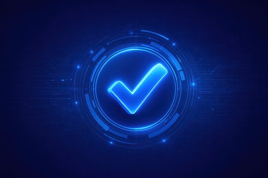 Futuristic blue glowing checkmark in a digital circle interface, symbolizing secure verification and technological success.