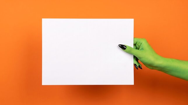 Green hand holding white paper on orange background