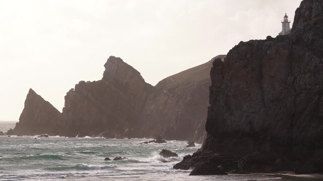 Dramatic cliffs of Pointe de Pen-Hir on the Crozon Peninsula Brittany, France landscape ocean waves