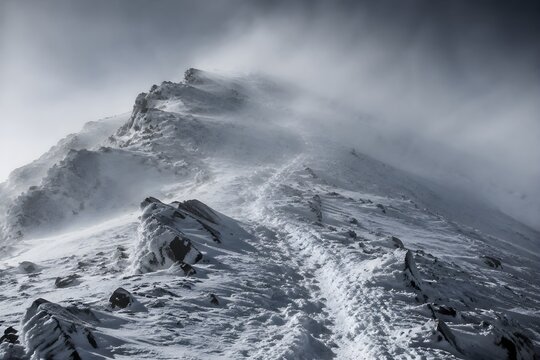 Rough icy tracks ascending harsh snowy ridges with intense blowing powder obscuring distant mountain backgrounds