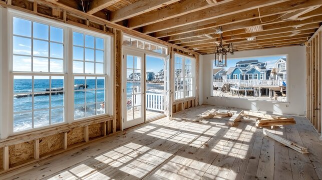 Bright room under construction with wood beams, large windows facing ocean, interior framing ready for finishing, natural light illuminating space, highlighting residential or coastal 