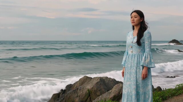 A woman in a long skirt stands by the beach and looks out at the girl in a long skirt at the beach
