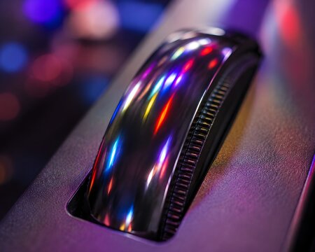 Glossy electronic synthesizer pitch bend wheel reflecting chaotic multi colored concert stage lighting strobe effects
