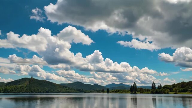 The landscape under the blue sky and white clouds is beautiful, with clouds rolling in the lake and mountains