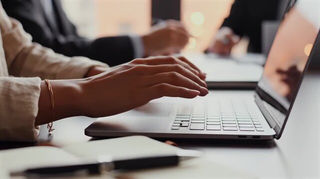 professional typing on laptop during collaborative meeting, notebooks and pen on table, blurred colleagues in background, focused hands and productive atmosphere, warm window light